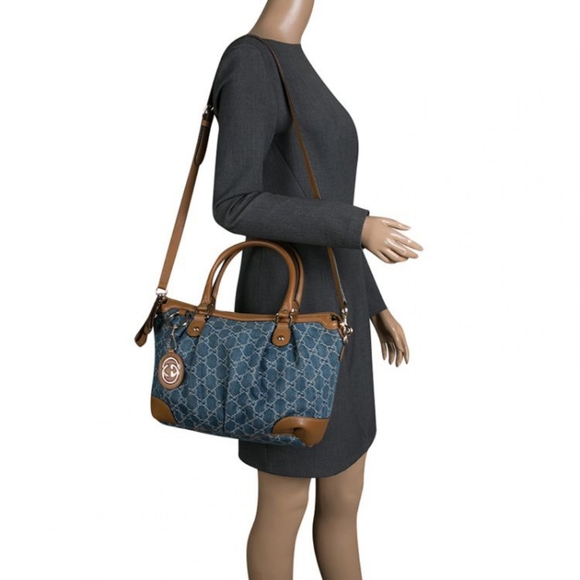 Gucci Denim GG and Leather Medium Sukey Top Handle Tote Bag Blue/Brown - Picture 6 of 16